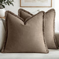 MIULEE Decorative Throw Pillow Covers Neutral Linen Fringe Throw Pillows Euro Shams Set of 2 Cocoa Brown Boho Farmhouse Cushion Covers for Couch Sofa Bed Living Room Spring Home Decor 24x24 Inch