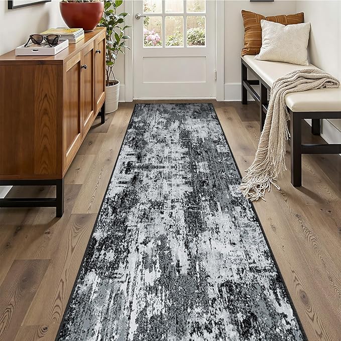 Washable Area Rugs 2'x10' Non-Slip Modern Abstract Soft for Living Room Entryway Bedroom Nursery, Print Pattern, Black Navy Blue Gray