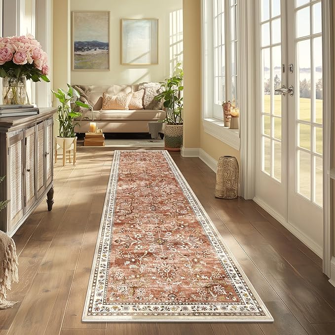 Yamaziot Washable Runner Rug 2x8 – Non Slip Boho Floral Hallway Runner Rug with Rubber Backing, Low Pile Wool Distressed Carpet for Kitchen, Laundry, Bedroom, Entrance, Brick-red