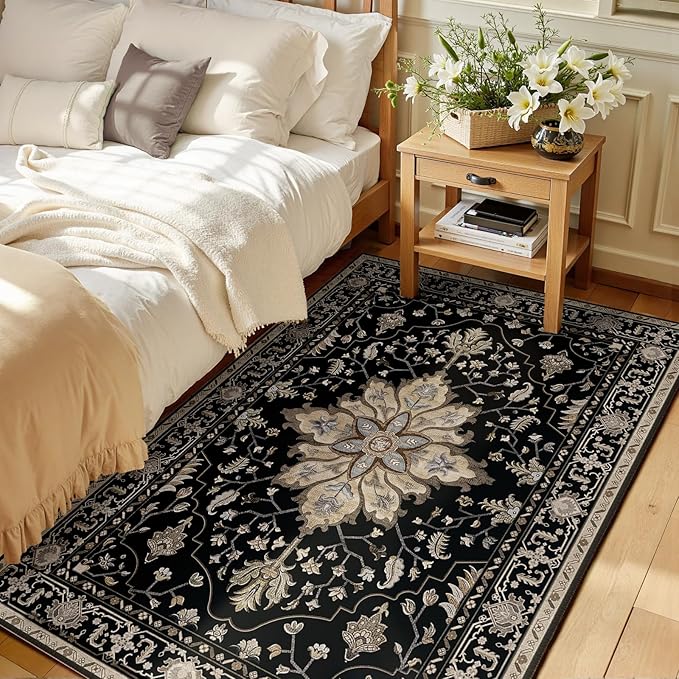 RELEANY Area Rugs 3'x5' Washable Non-Slip, Floral Vintage Distress Print Pattern Medallion Carpet for Living Room Bedroom Dining Room, Black Brown Neutral Dark Tan