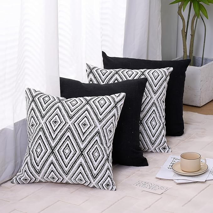HPUK Decorative Throw Pillow Covers Set of 4 Geometric Design Linen Cushion Cover for Couch Sofa Living Room, 20"x20" inches, Black