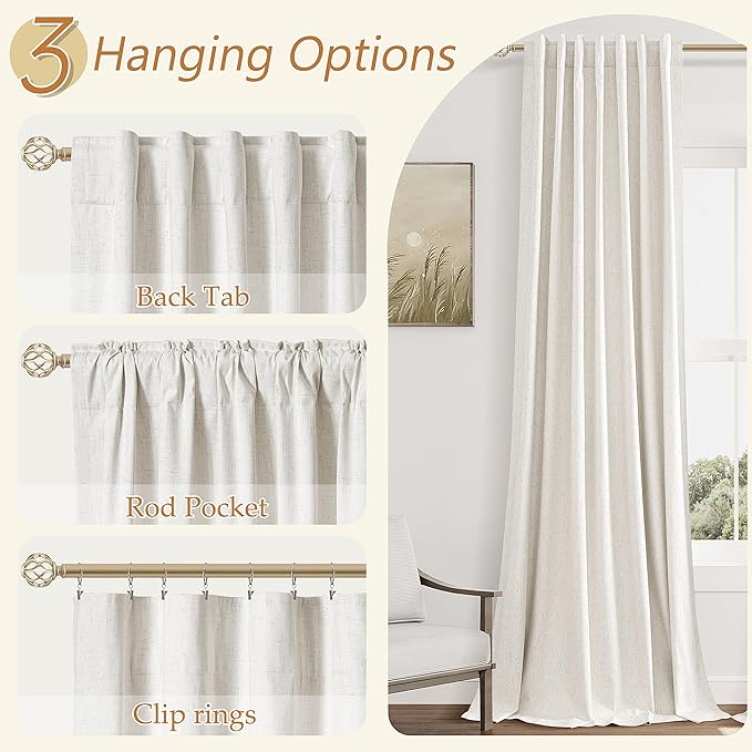 Beige White 100% Blackout Linen Curtains 102 Inch Length 2 Panels Set for Living Room Bedroom Back Tab Thermal Insulated Black Out Drapes Room Darkening Farmhouse Style for Bedroom Window Curtains