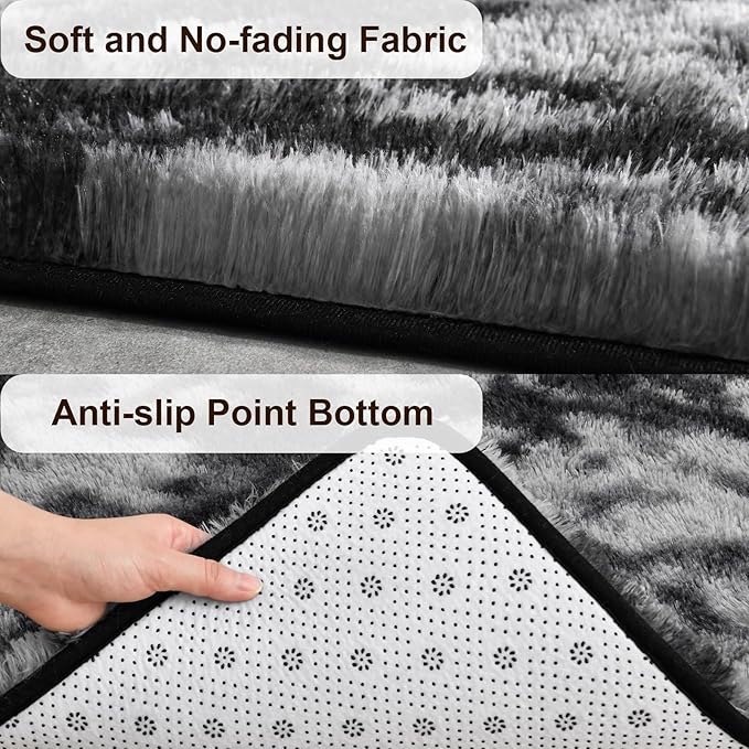 TWINNIS Super Soft Shaggy Rugs Fluffy Carpets 8x10 Feet, Indoor Modern Plush Area Rugs for Living Room Bedroom Kids Room Nursery Home Decor, Upgrade Anti-Skid Fuzzy Rug, Black and Grey