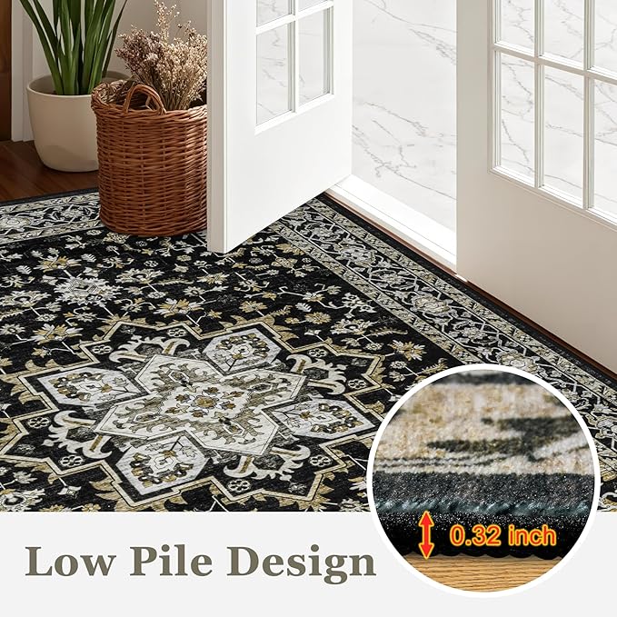 Area Rugs 10x12 Living Room Rug: Washable Rug Soft Vintage Boho Medallion Carpet Indoor Non-Slip Stain Resistant Large Carpets for Bedroom Dining Room Farmhouse Nursery Home Office Black Gold