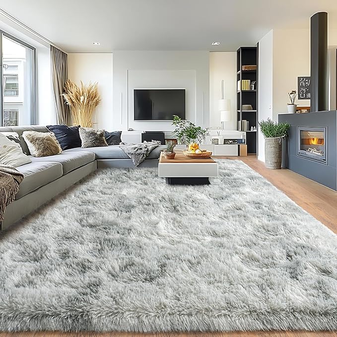 Pionblank 8x10 Rug for Living Room, Fuzzy Plush Large Area Rug, Fluffy Modern Shag Non Slip Soft Furry Carpet for Bedroom Kids Room Nursery Teens Dorm Home Decor, Tie Dye Grey