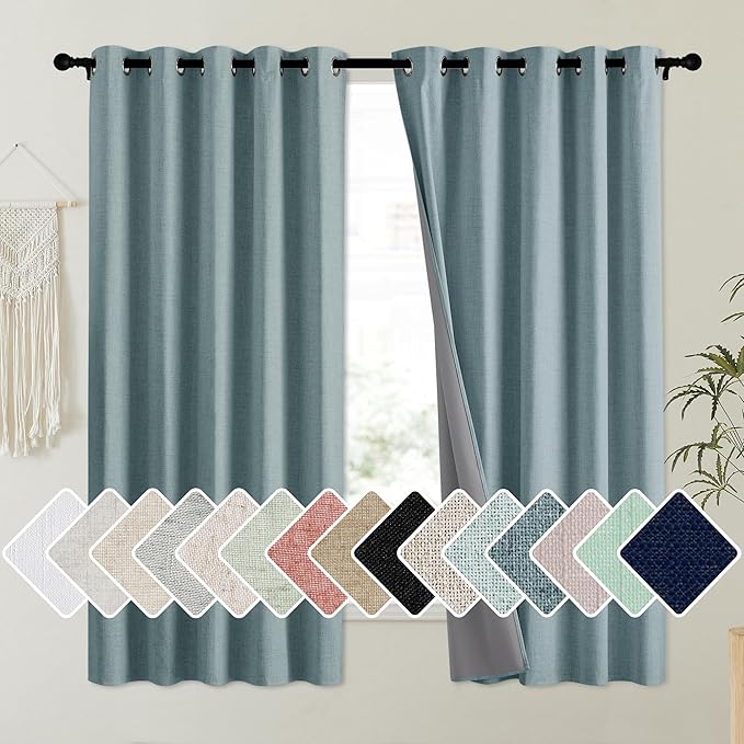 NICETOWN 100% Absolutely Blackout Linen Curtains with Thermal Insulated Liner, Skylark Blue, 62" Wide, 63" Length Energy Saving Curtains for Kitchen 2 Panels Set, Vertical Blinds