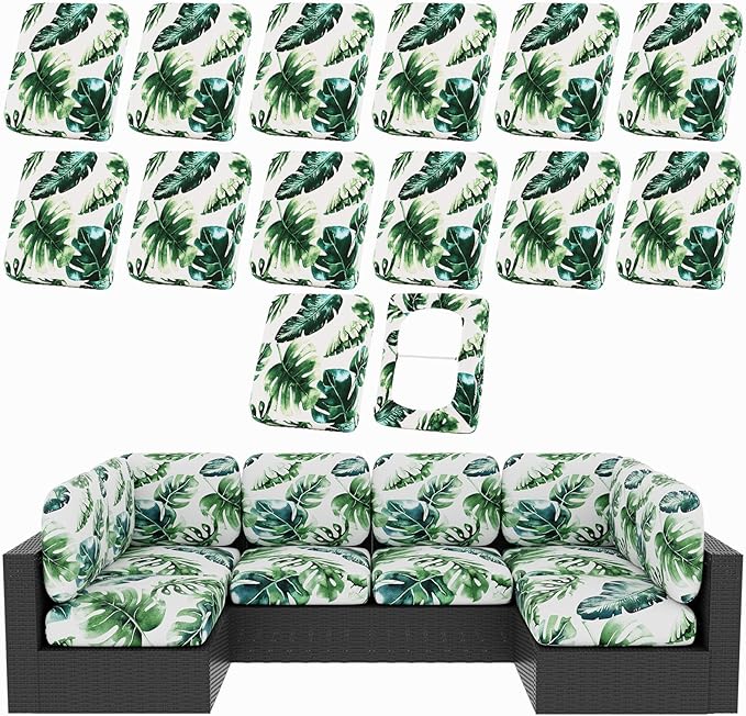 hyha 14Pcs Patio Cushion Covers, Stretch Outdoor Couch Cushion Covers, Washable Outdoor Chair/Sofa Slipcovers for Patio Furniture Cushions Protector with Elastic Bottom(Monstera Deliciosa,Cover Only)