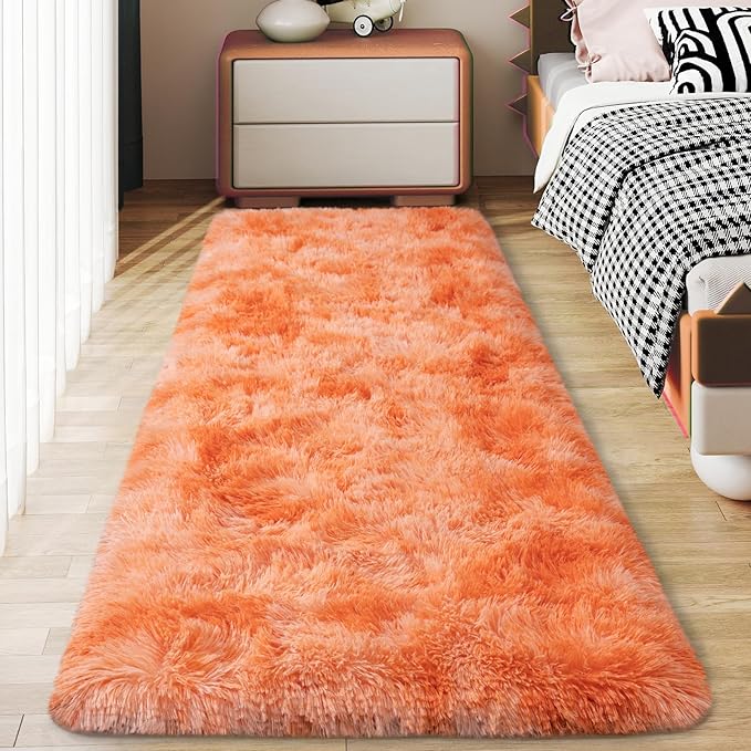 Soft Runner Rugs for Bedroom Hallways, 2x6 Tie-Dyed Orange Fluffy Shag Throw Area Rug Non Slip for Bedside Dorm, Long Shaggy Furry Carpet for Nursery Living Room