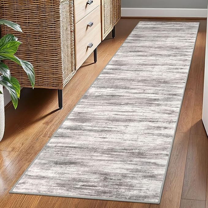 KOZYFLY Modern Abstract Washable Rug Runner 2x7 Hallway Runner Rug Non-Slip Soft Kitchen Runner Rugs, Print Grey/Light Beige/Brown Striped Carpet Runner for Entryway Bathroom
