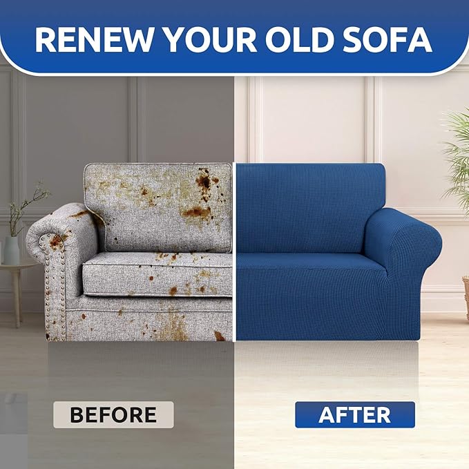 KEKUOU Stretch Loveseat Sofa Cover Slipcover,Couch Covers for 2 Cushion Couch Sofa (55"-78") Furniture Protector Sofa with Elastic Bottom for Kids,Dog. Jacquard Small Checked (Medium,Classic Blue)