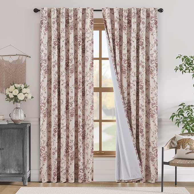 jinchan Blackout Floral Curtains for Living Room Bedroom Linen Blend Curtain Farmhouse Brick Red Printed with Lined Back Tab Rod Pocket Drapes Window Treatments 2 Panels 90 Inch