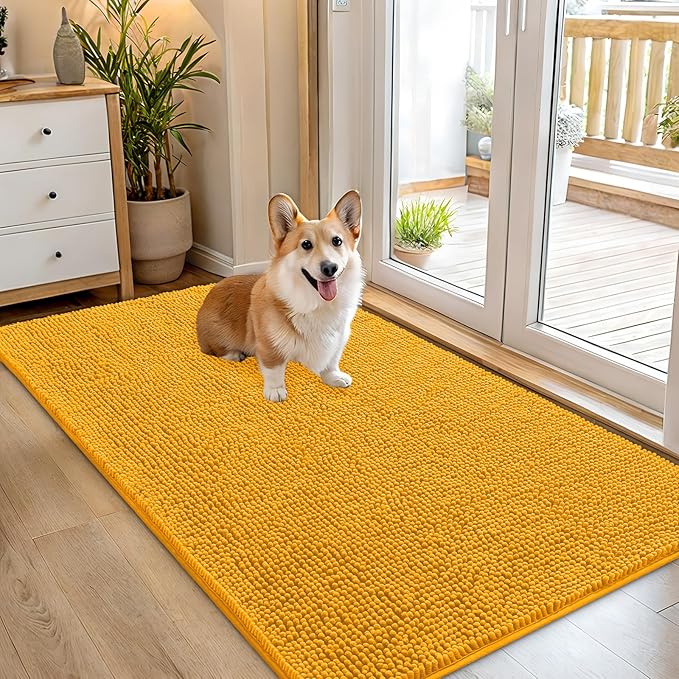 OLANLY Dog Door Mat for Muddy Paws 54x32, Absorbs Moisture and Dirt, Absorbent Non-Slip Washable Doormat, Quick Dry Chenille Mud Mat, Entry Indoor Entryway Carpet for Inside Floor, Golden Yellow
