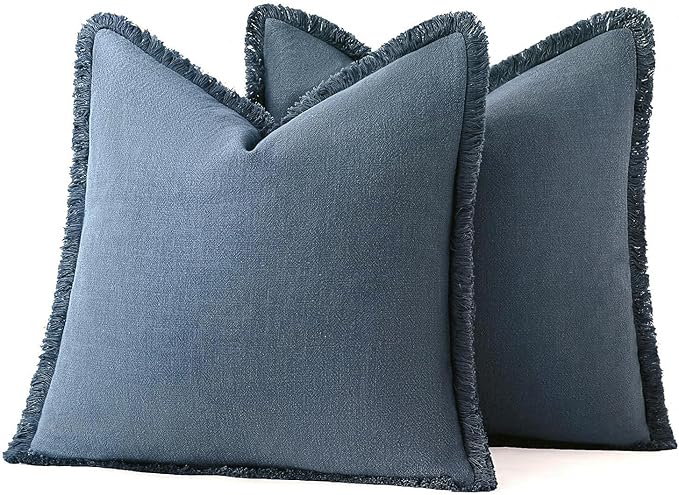 MIULEE Decorative Throw Pillow Covers Neutral Linen Fringe Throw Pillows Set of 2 Blue Ashes Boho Farmhouse Cushion Covers with Tassels for Couch Sofa Bed Home Spring Decor 18x18 Inch