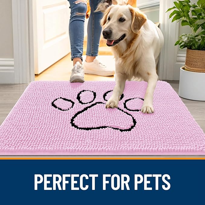 OLANLY Dog Door Mat for Muddy Paws 48x30, Paw Print Design, Absorbs Moisture and Dirt, Absorbent Non-Slip Washable Doormat, Quick Dry Chenille Mud Mat for Dogs, Entry Indoor Entryway Carpet, Pink