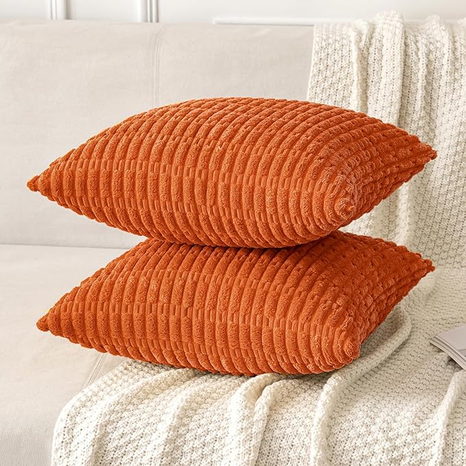 MIULEE Pack of 2 Orange Corduroy Decorative Pillow Covers 16x16 Inch Soft Boho Striped Throw Pillow Covers Modern Farmhouse Home Decor for Halloween Thanksgiving Summer Sofa Living Room Couch Bed