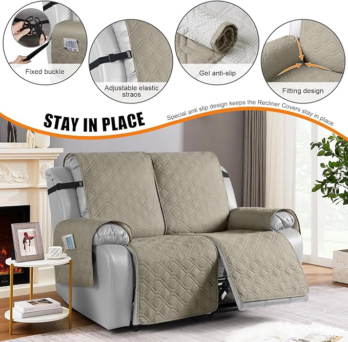 VANSOFY Waterproof Recliner Couch Covers, Sofa Covers 1-Piece Washable Reclining Sofa Cover Non-Slip Furniture Protector with Elastic Straps Pocket for Dogs, Pets(Khaki,2 Seater)