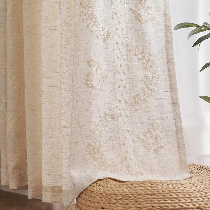 jinchan Belrose Linen Curtains for Bedroom Floral Curtains 72 Inch Length Linen Blend Ivory Embroidered Drapes Farmhouse Flower Patterned Drapes for Living Room Window Treatments Set 2 Panels