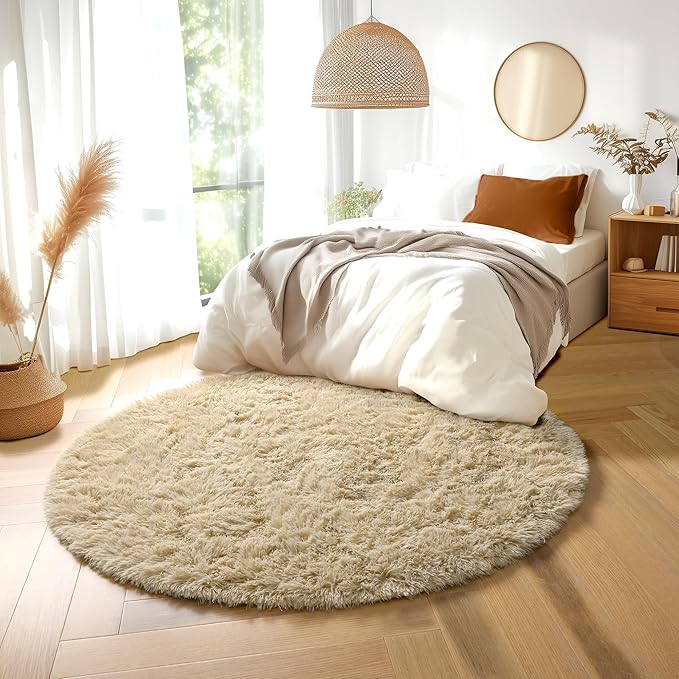 Amdrebio Beige Round Area Rug 4Ft for Bedroom, Boho Fluffy Plush Shag Furry Circle Rugs for Kids Room, Living Room Decor Aesthetic, Cute Shaggy Fuzzy Neutral Carpet for Nursery Preppy Dorm Baby Teens