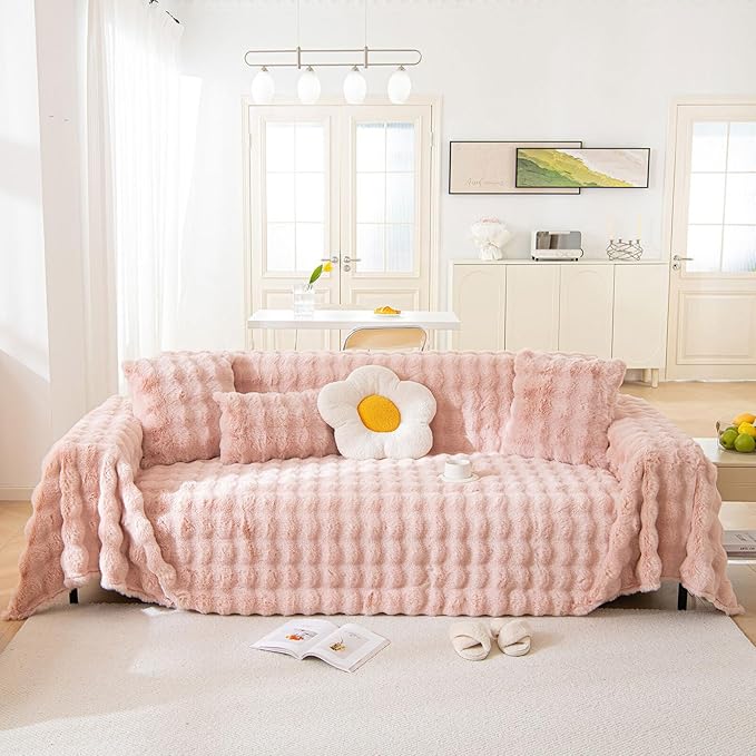 HANDONTIME Faux Fur Plush Sofa Covers for Couch Washable Rabbit Plush Couch Cover Cozy Faux Fur Sectional Covers for Dogs Fluffy Plush L Shaped Sofa Cover Pet Couch Protector, 71" X134", Pink