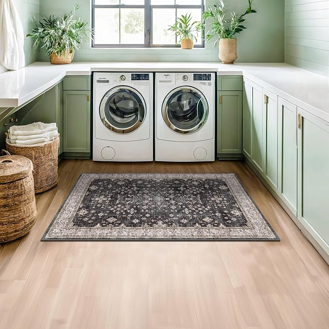 Large 3x5 Entryway Rug Indoor - Washable Non-Slip Low Pile Ultra Soft Area Rug for Large Kitchen, Bedroom Bedside, Mudroom - Distressed Boho Modern Aesthetic Geometric Decor, Ashen/Multi