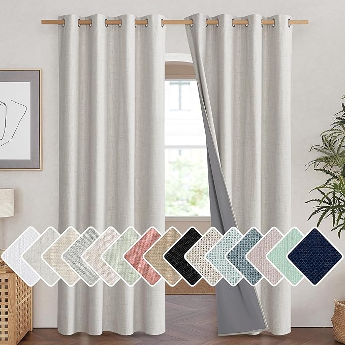NICETOWN Snowbound Vintage Linen 100% Blackout Curtains for Living Room, Thermal Insulated Curtains 84“ Long, Noise Reducing Window Treatment Drapes for Hall Room, 52" Wide Per Panel, Set of 2