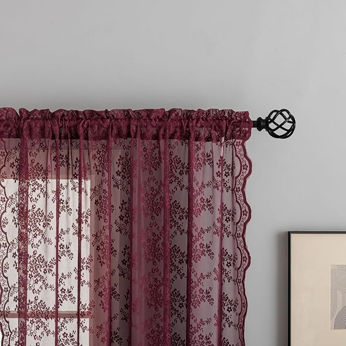 YJ YANJUN Vintage Lace Curtains 54 Inch Length-Victorian Floral Pattern Red Burgundy Short Sheer Curtain Panels for Kitchen Garage, Embroidery Light Filtering, Christmas Drapes 2 Panels 52W x 54L