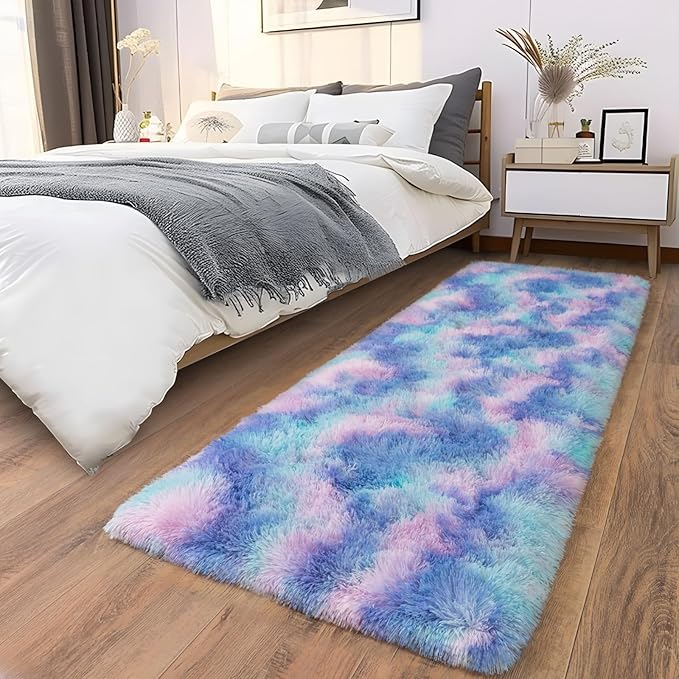 Soft Runner Rugs for Bedroom Hallways, 2x6 Purple Rainbow Fluffy Shag Throw Area Rug Non Slip for Bedside Dorm, Long Shaggy Furry Carpet for Nursery Living Room