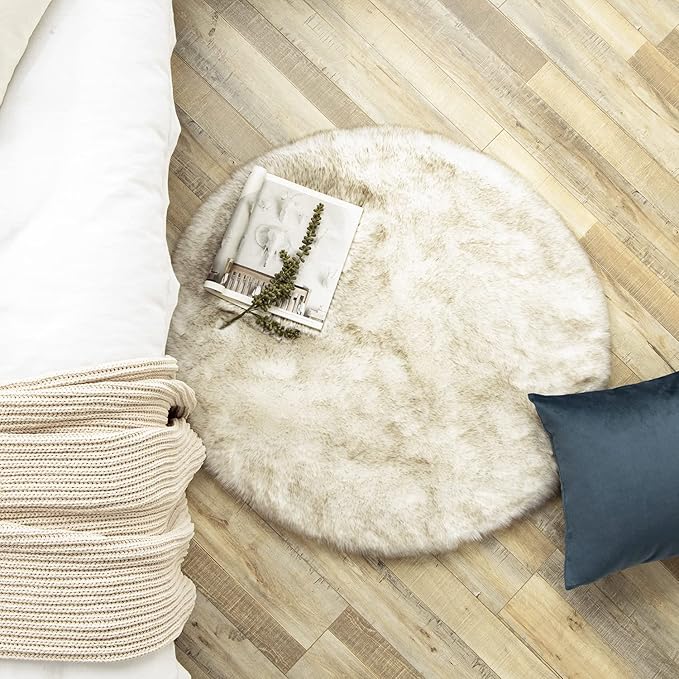 Ashler HOME DECO Soft Fox Faux Fur Chair Couch Cover Area Rug for Bedroom Floor Sofa Living Room White Brown 3 x 3 Feet Round