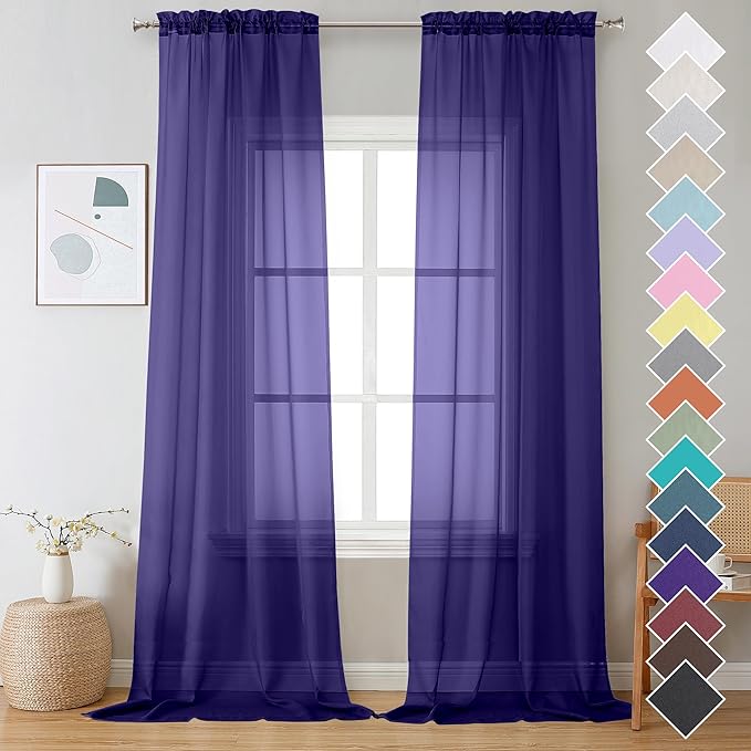 OVZME Purple Sheer Curtains 108 Inches Long, Light Filtering Semi Transparent Lightweight Voile Rod Pocket Window Curtains for Bedroom, Living Room, W42 x L108, Set of 2 Drape Panels