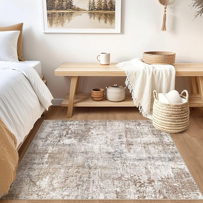 UERMEI Square Area Rugs : Washable 5x5 Neutral Modern Abstract Carpet for Living Room Bedroom - Soft Floor Mat with Non Slip Backing for Kitchen Nursery Dorms Farmhouse Home Decor - Brown/Grey/Red