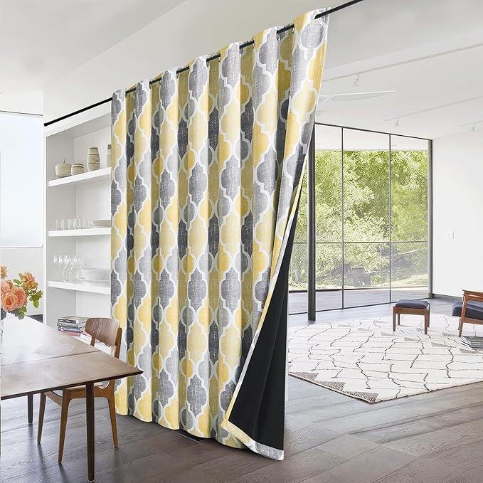 Beauoop 100% Blackout Curtains 96 Inches Long for Patio Sliding Door Yellow Grey Extra Wide Moroccan Geo Room Darkening Thermal Soundproof Room Divider Grommet Window Treatment Drapes,100x96 Set of 1
