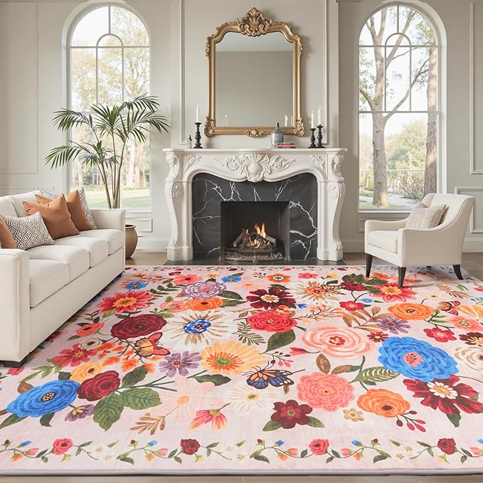 Light Pink Area Rugs 10x14 Living Room, Non Slip Machine Washable Floral Rugs, Low Pile Lightweight Large Rug for Bedroom, Dining Room, Home Office(Light Pink, 10 x 14)