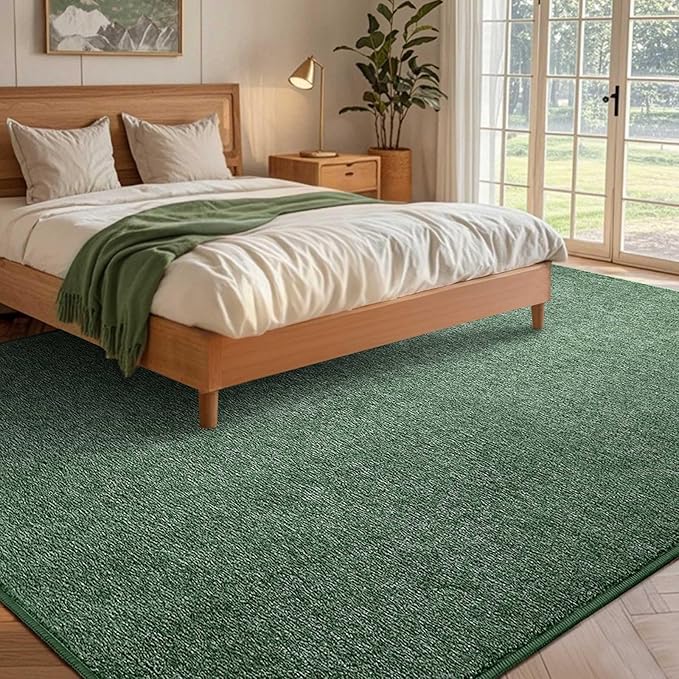 FinRèc 5x7 Washable Area Rugs for Bedroom Living Room, Low Pile Thin Rug Solid Color, Non-Slip Carpet Indoor for Home Decor (Green)