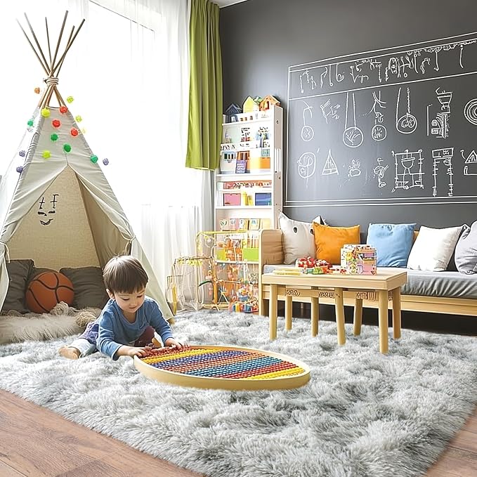 Pionblank 8x10 Rug for Living Room, Fuzzy Plush Large Area Rug, Fluffy Modern Shag Non Slip Soft Furry Carpet for Bedroom Kids Room Nursery Teens Dorm Home Decor, Tie Dye Grey