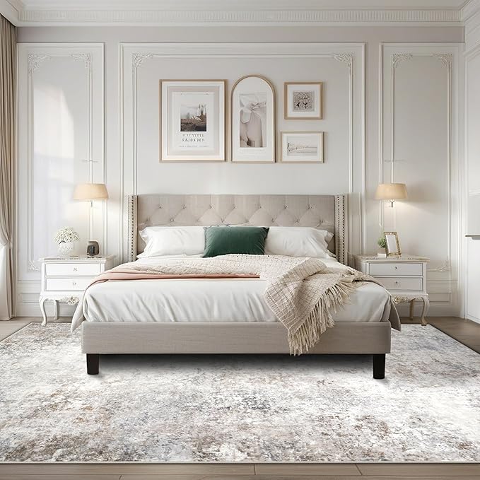 Srugn Washable Rugs 10x14 Area Rugs for Living Room,Modern Abstract Rugs for Bedroom,Large Carpets,Ultra Soft Faux Wool Retro Dining Room Rug,Non Slip&Non-Shedding Low Pile Print Rug- Beige Grey