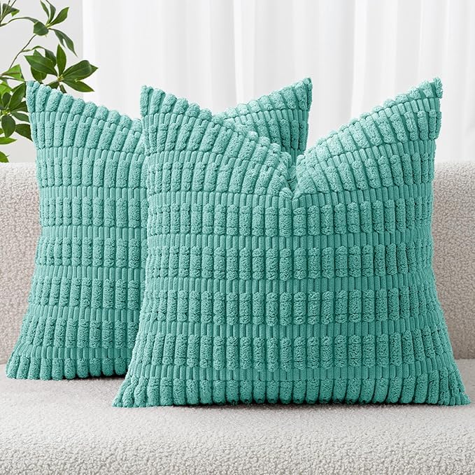 MIULEE Pack of 2 Corduroy Decorative Throw Pillow Covers 18x18 Inch Soft Boho Striped Pillow Covers Modern Farmhouse Home Decor for Summer Sofa Living Room Couch Bed Aqua Green