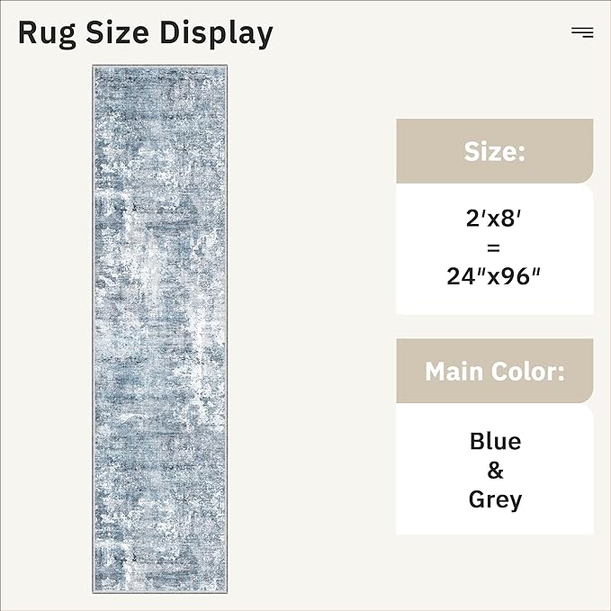 Runner Rug 2x8 Washable Non-Slip Hallway Runner Rugs for Kitchen Bathroom Laundry Room Blue/Grey Vintage Floor Carpet Runners for Hallways Entryway