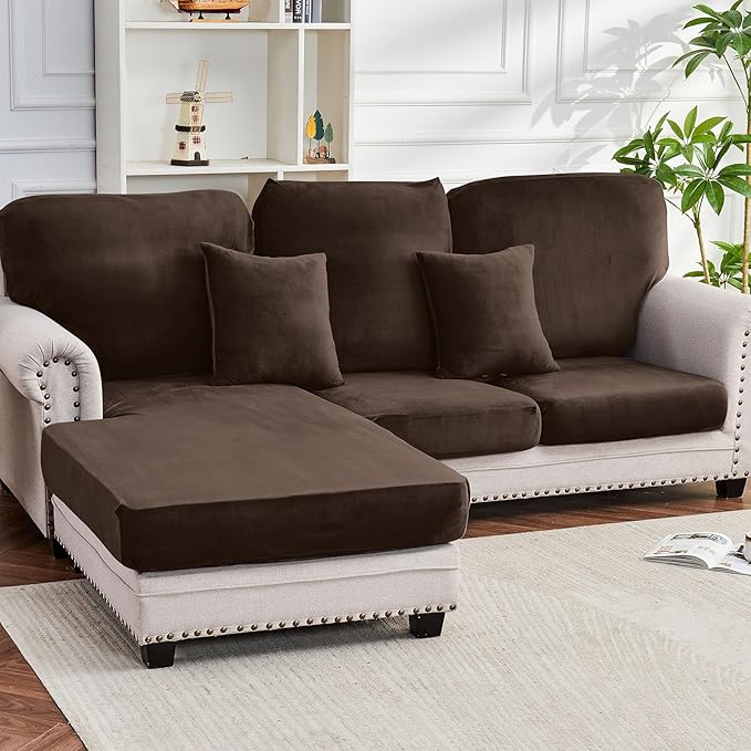 Couch Cover 6-Piece Elastic Velvet Couch Cushion Covers & Chaise Slipcovers for L-Shaped Sofas - Sofa Seat Covers Washable, Soft Protector for Couches (5 Seater + Chaise, Coffee)