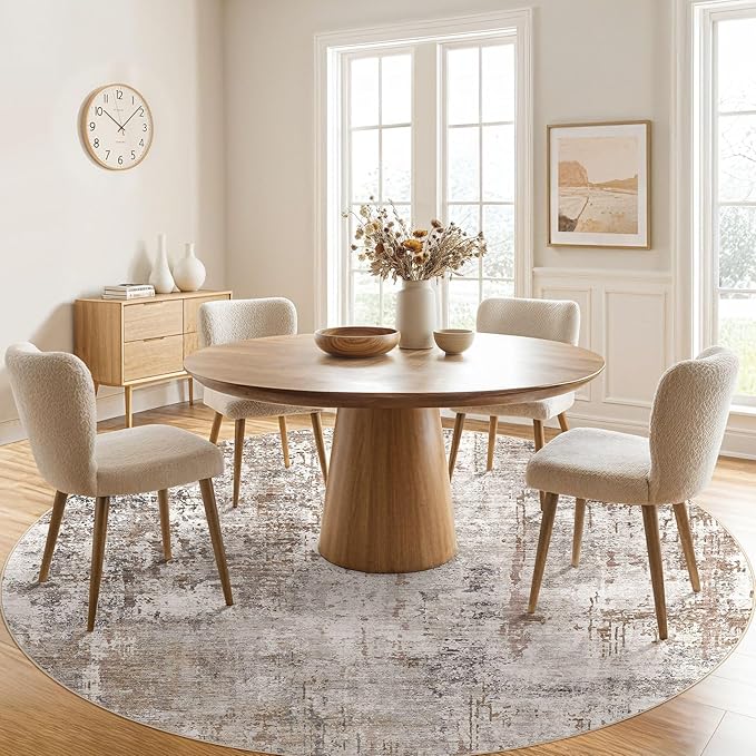 UERMEI 8ft Round Area Rug Living Room Rugs - 8x8 Washable Neutral Modern Abstract Soft Thin Rug Indoor Floor No Slip Rug Carpet for Bedroom Under Dining Table Home Office Decor - Brown/Grey/Red