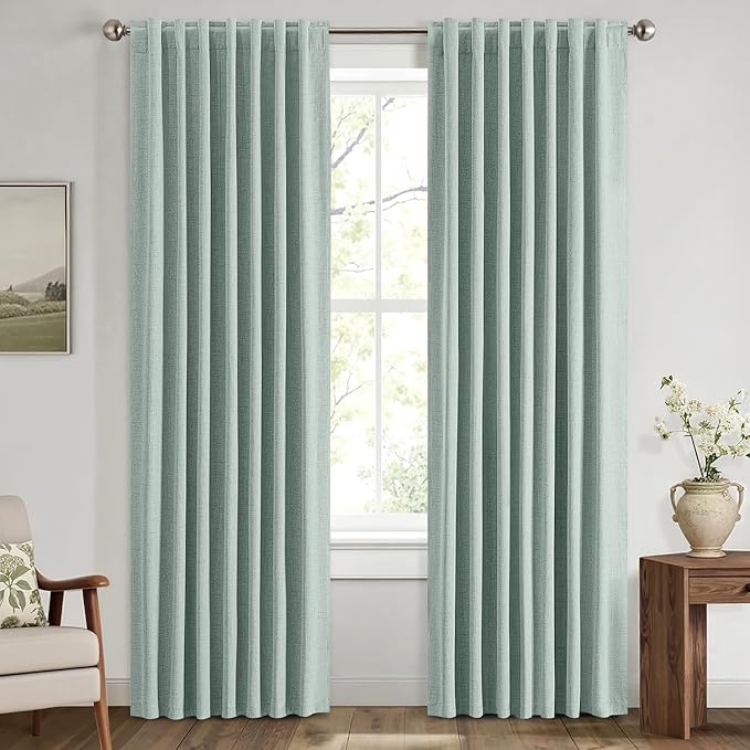 MIULEE 100% Blackout Linen Curtains for Bedroom, Seafoam Green Solid Luxury Decor Thermal Insulation Room Darkening Drapes for Living Room Nursery Back Tab Rod Pocket 42 x 90 Inches, 2 Panels