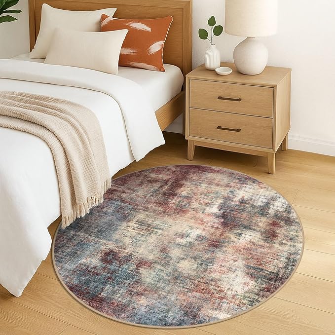 IOHOUZE Round Area Rug 5 Ft Circle Entryway Rugs Round Washable Door Mat Indoor Entrance, Non Slip Circle Front Door Rug, Printed Abstract Faux Wool Floor Carpet for Foyer Porch Sink, Red/Multi