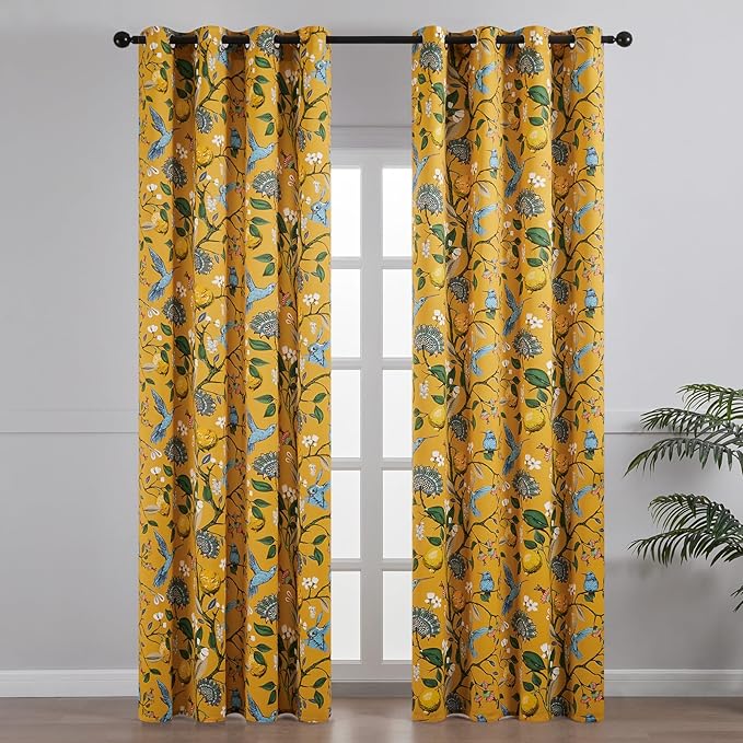 Topfinel 92 Inches Long Custom Mustard Yellow Luxury Curtains for Living Room Bedroom, Blackout Vintage Victorian Curtains Floral Lemon Hummingbird Printed Grommet Drape 92 Inch Length
