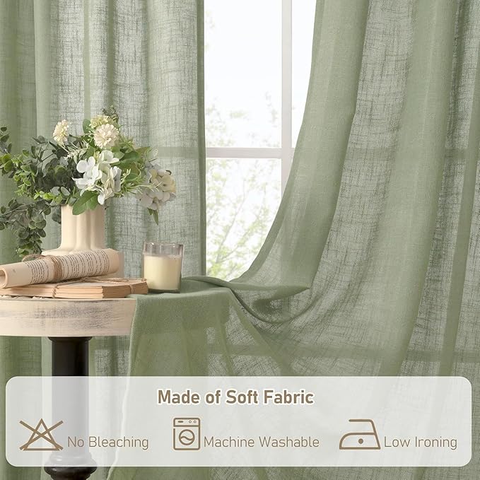 LAMIT Sage Green Linen Curtains 24 Inch Length, Semi Sheer Light Filtering Window Panels Back Tab and Rod Pocket Drapes for Basement/Small Windows, 25 x 24 Inch, 2 Panels