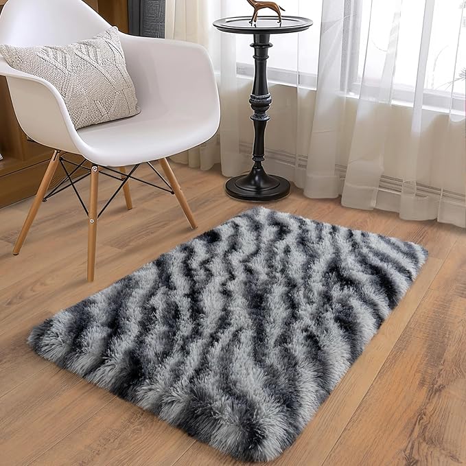 Soft Runner Rugs for Bedroom Hallways, 2x3 Black and White Fluffy Shag Throw Area Rug Non Slip for Bedside Dorm, Long Shaggy Furry Carpet for Nursery Living Room