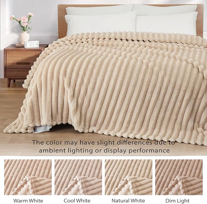 Exclusivo Mezcla Twin Size Flannel Fleece Blanket, Super Soft Striped Jacquard Bed Blanket, Lightweight Fuzzy Cozy for All Seasons, 60x80 Inches, Beige