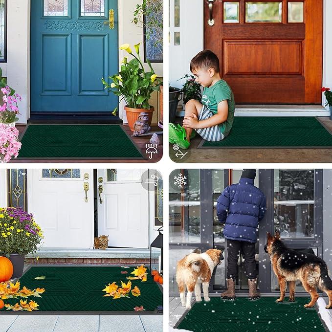 Smiry Front Door Mat Outside Entrance, Heavy Duty Sturdy Natural Rubber Doormat, Trap Dirt and Moisture, Easy Clean Low Profile Mats for Indoor Outdoor Entry, Irregular Triangle (29.5x17, Deep Green)