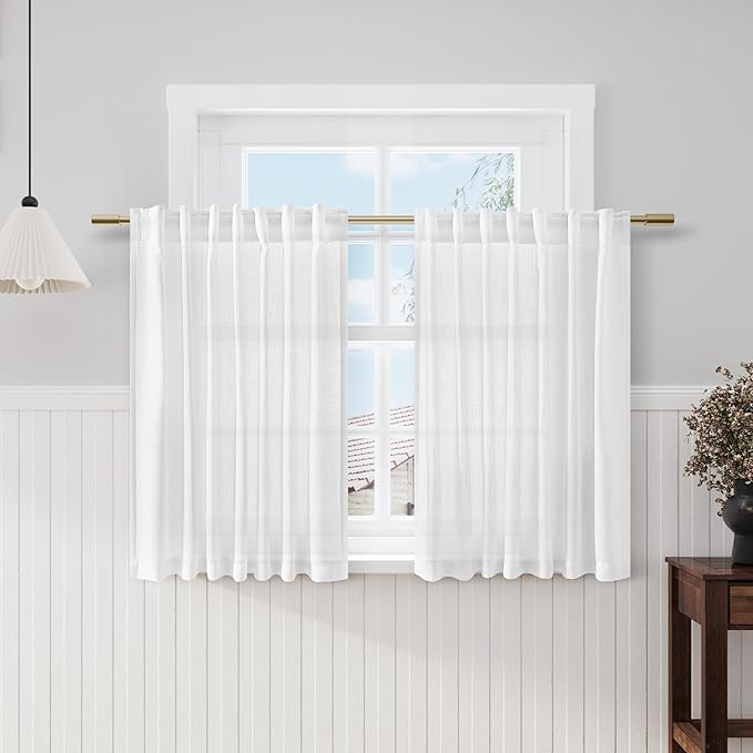 Nanspring White Cafe Curtains 48 Inch Length Set 2 Panel Back Tab Pocket Semi Sheer Short Linen White Curtain Tiers for Small Bathroom Window Basement 52x48