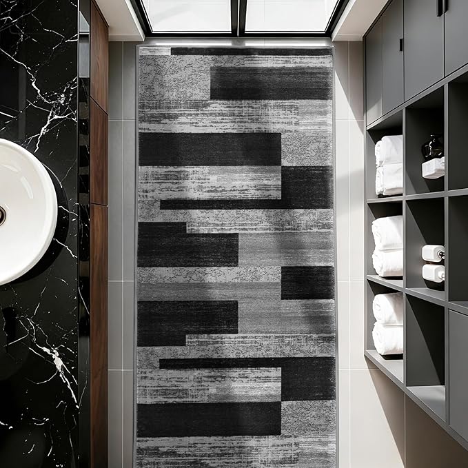 LIANLAM 2x6 Washable Runner Rug for Hallway&Kitchen,Non-Slip Long Carpet with Vintage Checkered Design,Ultra-Thin Low Pile,Stain Resistant Easy Clean Floor Mat for High Traffic Areas(2x6,Gray)