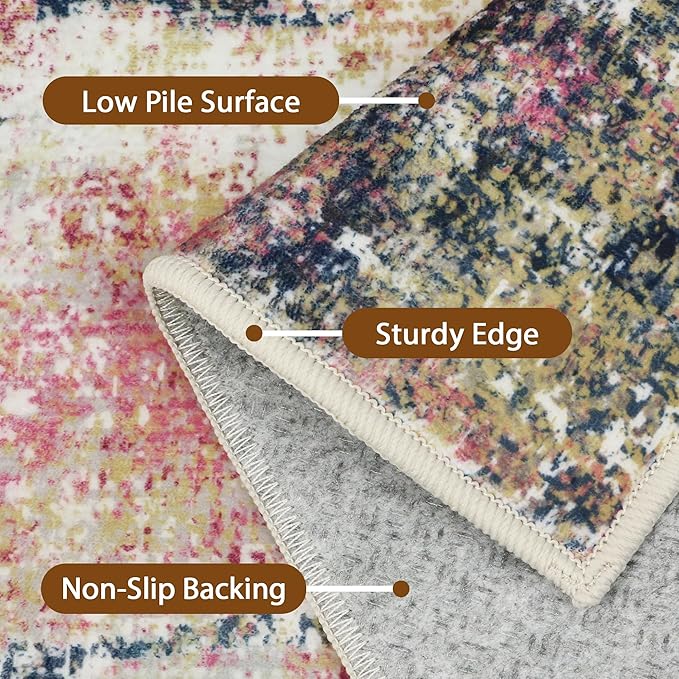 Area Rugs 8x10 for Living Room Bedroom, Modern Abstract Machine Washable Rug, Large Soft Low Pile Floor Carpet with Non Slip Backing for Dining Room, Navy/Pink