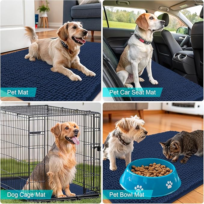 OLANLY Dog Door Mat for Muddy Paws 70x24, Absorbs Moisture and Dirt, Absorbent Non-Slip Washable Doormat, Quick Dry Chenille Mud Mat for Dogs, Entry Indoor Entryway Carpet for Inside Floor, Dark Blue